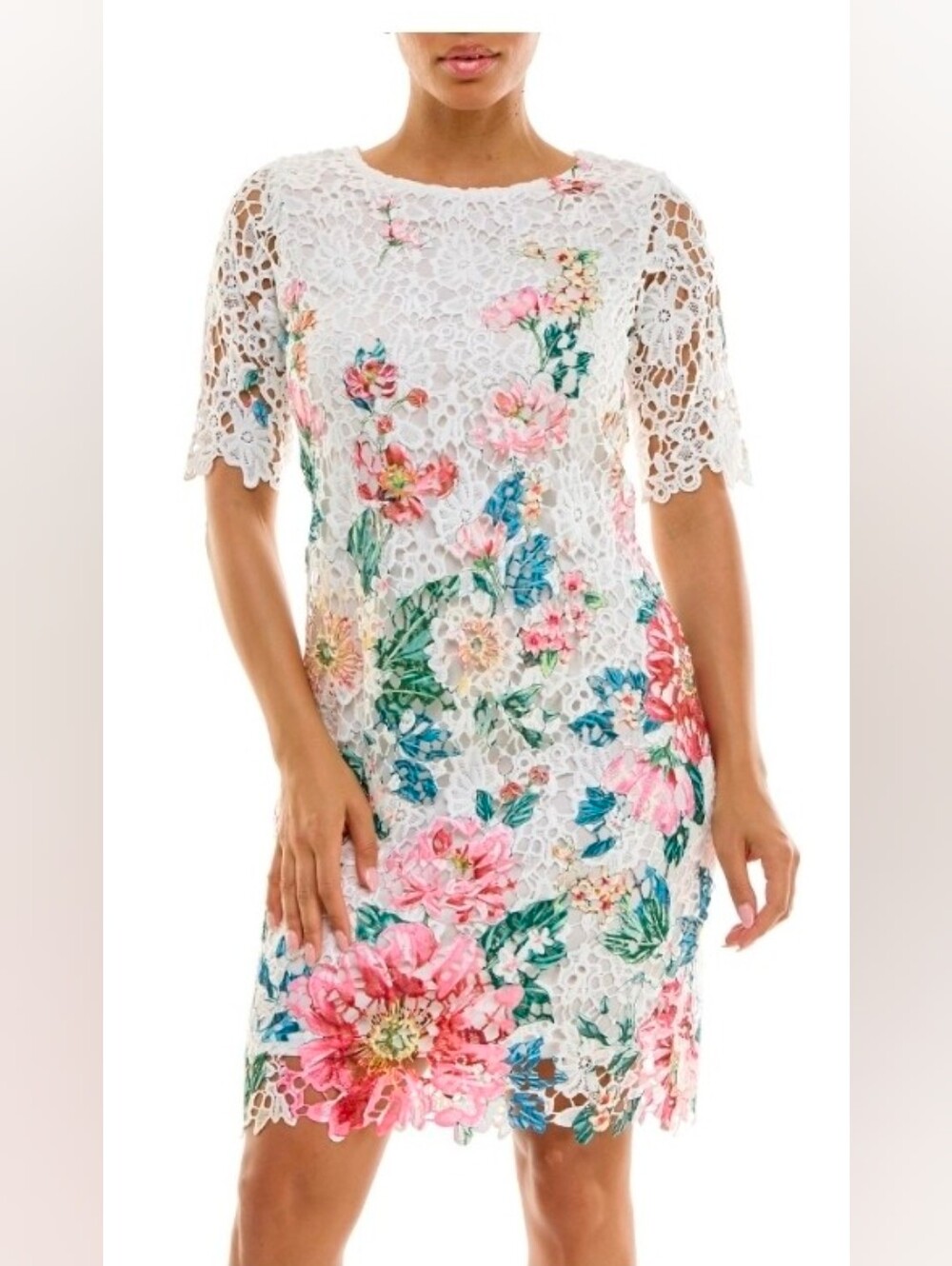 Nina Leonard women's floral print lace trimmed short sleeve mini dress size1X NW